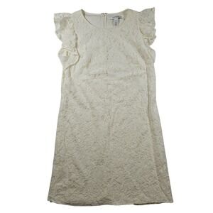 White House Black Market Lace Flutter Sleeve Dress Ivory Sheath Size 10